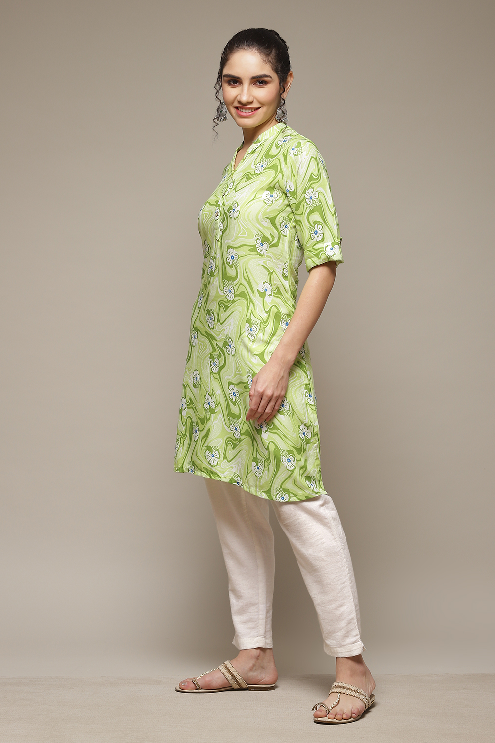 Lime Green LIVA Straight Kurta image number 3